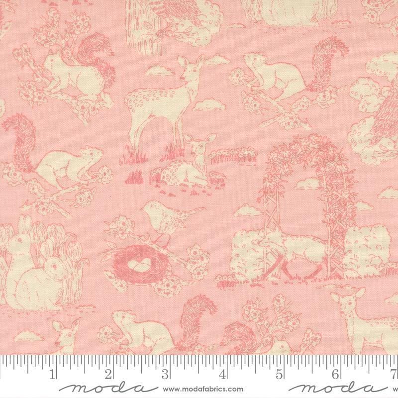 Image of My Secret Garden Toile Petal quilting cotton fabric by Stacy Iest Hsu for Moda Fabrics. Features animals on a pink background. Cute Little Fabric Shop.