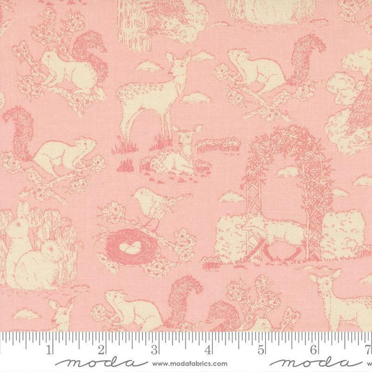 Image of My Secret Garden Toile Petal quilting cotton fabric by Stacy Iest Hsu for Moda Fabrics. Features animals on a pink background. Cute Little Fabric Shop.