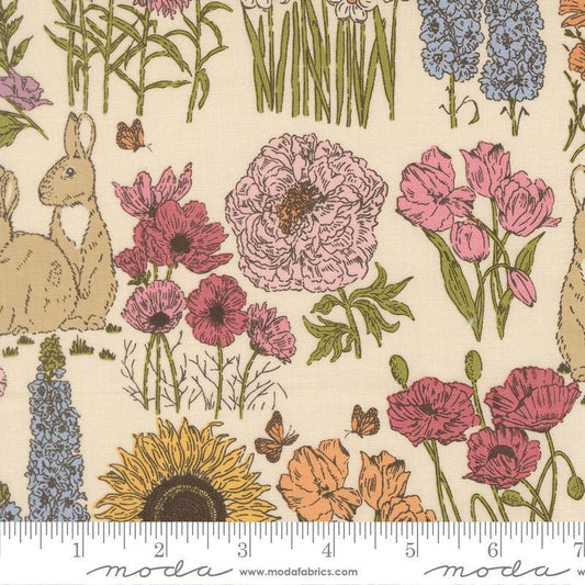 Image of My Secret Garden Bunnies Cloud quilting cotton fabric by Stacy Iest Hsu for Moda Fabrics. Features flowers on a cream background. Cute Little Fabric Shop.