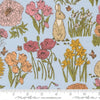 Image of My Secret Garden Bunnies Sky quilting cotton fabric by Stacy Iest Hsu for Moda Fabrics. Features flowers on a blue background. Cute Little Fabric Shop.