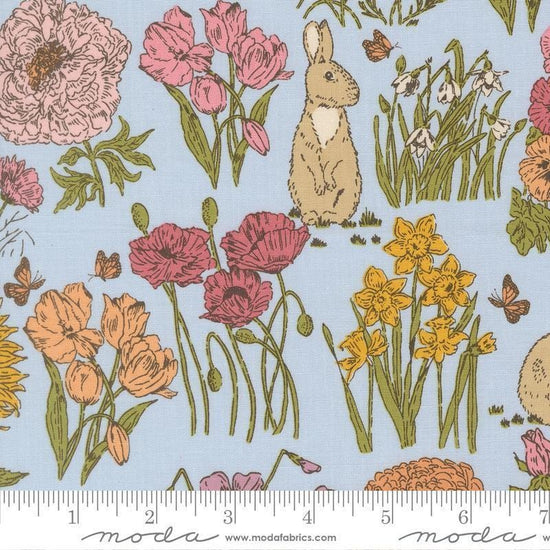 Image of My Secret Garden Bunnies Sky quilting cotton fabric by Stacy Iest Hsu for Moda Fabrics. Features flowers on a blue background. Cute Little Fabric Shop.