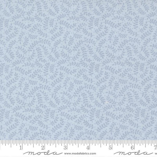 Image of My Secret Garden Crawling Vines Sky quilting cotton fabric by Stacy Iest Hsu for Moda Fabrics. Features leaves on a blue background. Cute Little Fabric Shop.