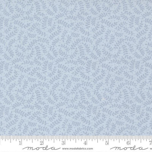 Image of My Secret Garden Crawling Vines Sky quilting cotton fabric by Stacy Iest Hsu for Moda Fabrics. Features leaves on a blue background. Cute Little Fabric Shop.