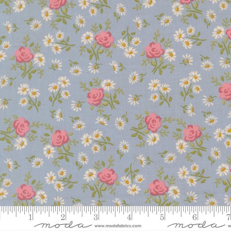 Image of My Secret Garden Rose Garden Dusk quilting cotton fabric by Stacy Iest Hsu for Moda Fabrics. Features flowers on a blue background. Cute Little Fabric Shop.