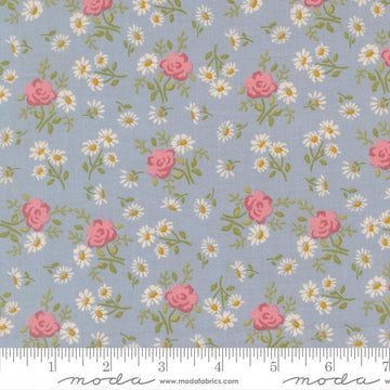 Image of My Secret Garden Rose Garden Dusk quilting cotton fabric by Stacy Iest Hsu for Moda Fabrics. Features flowers on a blue background. Cute Little Fabric Shop.