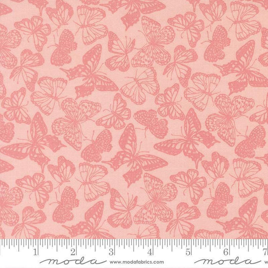 Image of My Secret Garden Flitter Flutter Petal quilting cotton fabric by Stacy Iest Hsu for Moda Fabrics. Features butterflies on a pink background. Cute Little Fabric Shop.