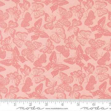 Image of My Secret Garden Flitter Flutter Petal quilting cotton fabric by Stacy Iest Hsu for Moda Fabrics. Features butterflies on a pink background. Cute Little Fabric Shop.