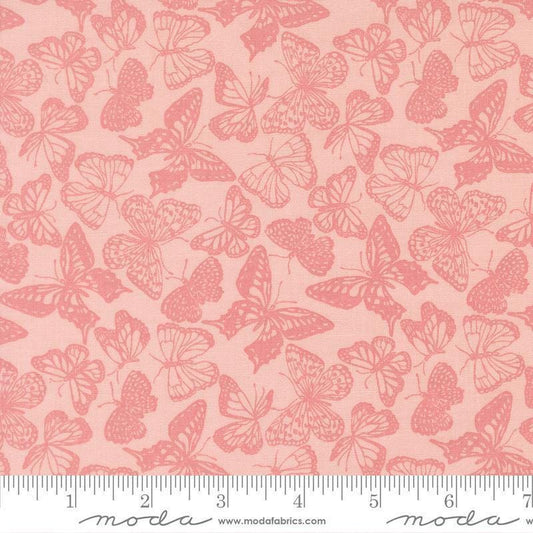 Image of My Secret Garden Flitter Flutter Petal quilting cotton fabric by Stacy Iest Hsu for Moda Fabrics. Features butterflies on a pink background. Cute Little Fabric Shop.