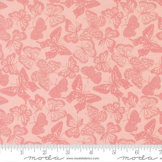 Image of My Secret Garden Flitter Flutter Petal quilting cotton fabric by Stacy Iest Hsu for Moda Fabrics. Features butterflies on a pink background. Cute Little Fabric Shop.