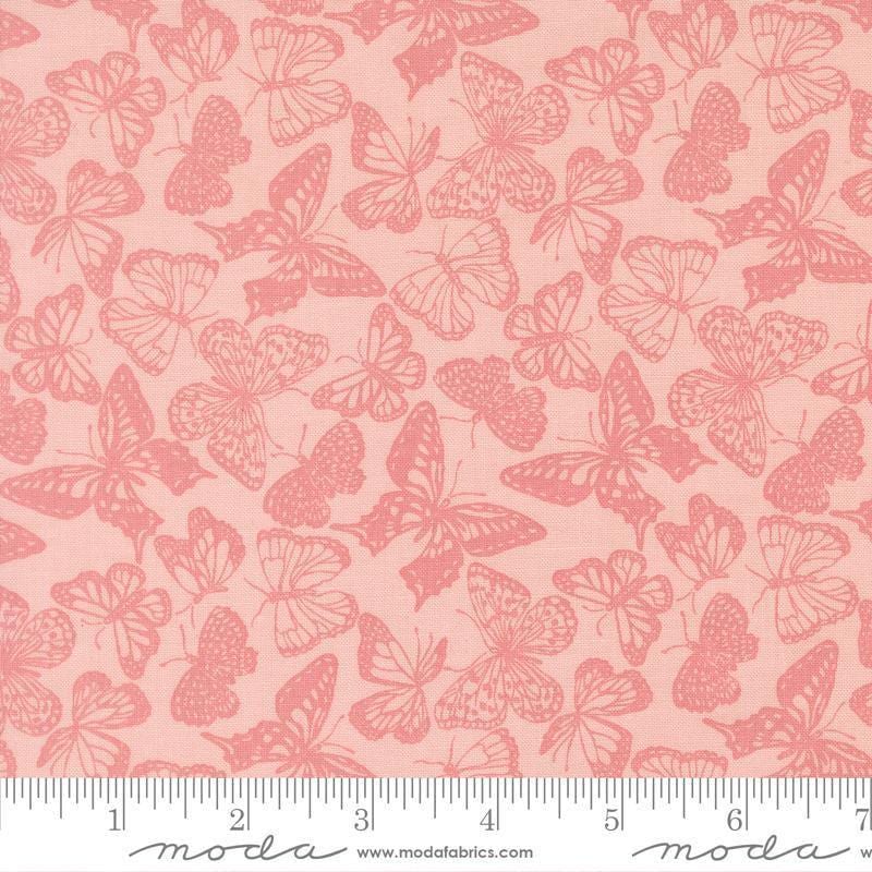 Image of My Secret Garden Flitter Flutter Petal quilting cotton fabric by Stacy Iest Hsu for Moda Fabrics. Features butterflies on a pink background. Cute Little Fabric Shop.