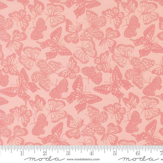 Image of My Secret Garden Flitter Flutter Petal quilting cotton fabric by Stacy Iest Hsu for Moda Fabrics. Features butterflies on a pink background. Cute Little Fabric Shop.