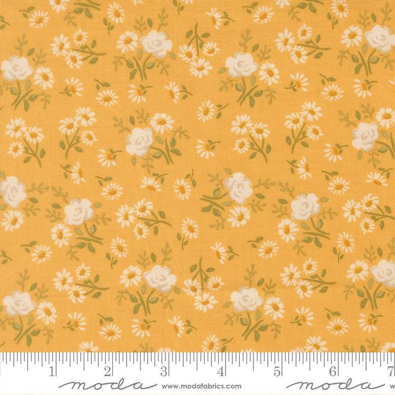 Image of My Secret Garden Rose Garden Sunflower quilting cotton fabric by Stacy Iest Hsu for Moda Fabrics. Features flowers on a yellow background. Cute Little Fabric Shop.