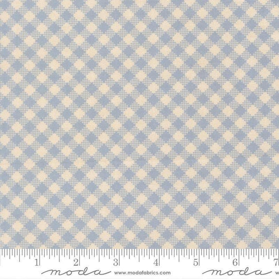 Image of My Secret Garden Gingham Sky quilting cotton fabric by Stacy Iest Hsu for Moda Fabrics. Features checks on a blue background. Cute Little Fabric Shop.