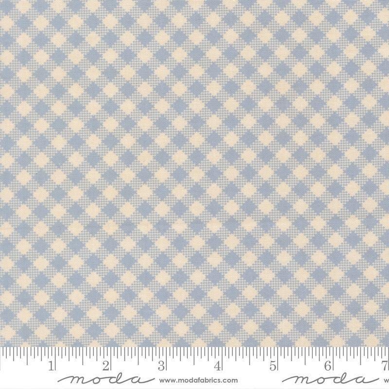 Image of My Secret Garden Gingham Sky quilting cotton fabric by Stacy Iest Hsu for Moda Fabrics. Features checks on a blue background. Cute Little Fabric Shop.
