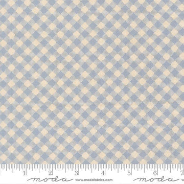 Image of My Secret Garden Gingham Sky quilting cotton fabric by Stacy Iest Hsu for Moda Fabrics. Features checks on a blue background. Cute Little Fabric Shop.