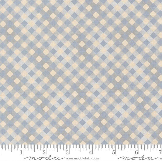 Image of My Secret Garden Gingham Sky quilting cotton fabric by Stacy Iest Hsu for Moda Fabrics. Features checks on a blue background. Cute Little Fabric Shop.