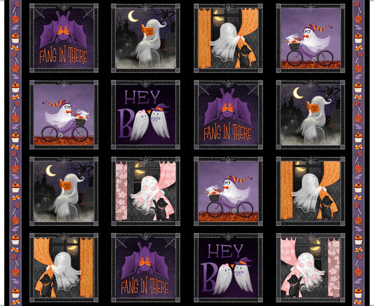 Ghost Tales Ghost Picture Patches Panel Multi Black Halloween Fabric - 31925 - QT Fabrics Quilting Cotton Fabric