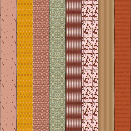 Image of Gathered Lollies Three Trentham quilting cotton fabric by Jen Kingwell for Moda Fabrics. Features stripes on a purple background. Cute Little Fabric Shop.