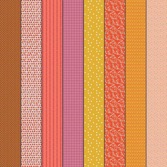 Image of Gathered Lollies One Hazel quilting cotton fabric by Jen Kingwell for Moda Fabrics. Features stripes on a pink background. Cute Little Fabric Shop.