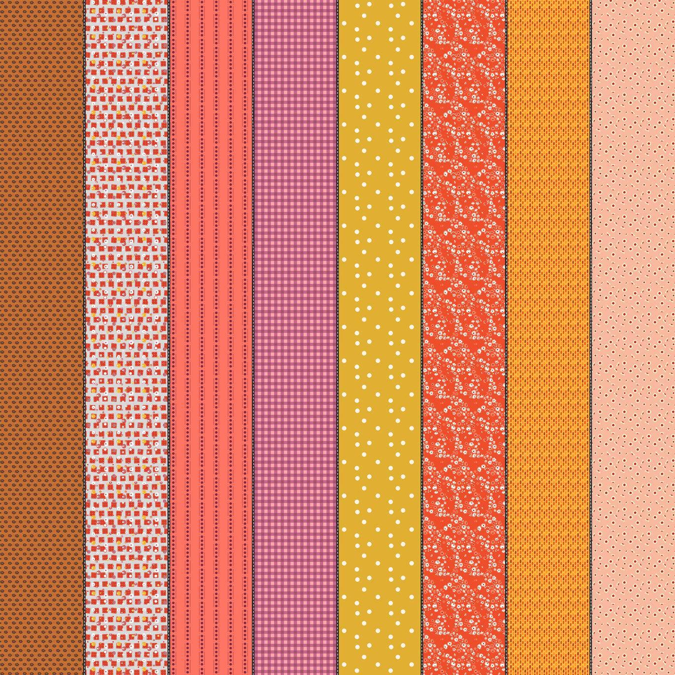 Image of Gathered Lollies One Hazel quilting cotton fabric by Jen Kingwell for Moda Fabrics. Features stripes on a pink background. Cute Little Fabric Shop.