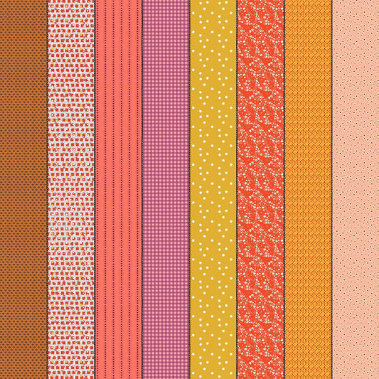 Image of Gathered Lollies One Hazel quilting cotton fabric by Jen Kingwell for Moda Fabrics. Features stripes on a pink background. Cute Little Fabric Shop.