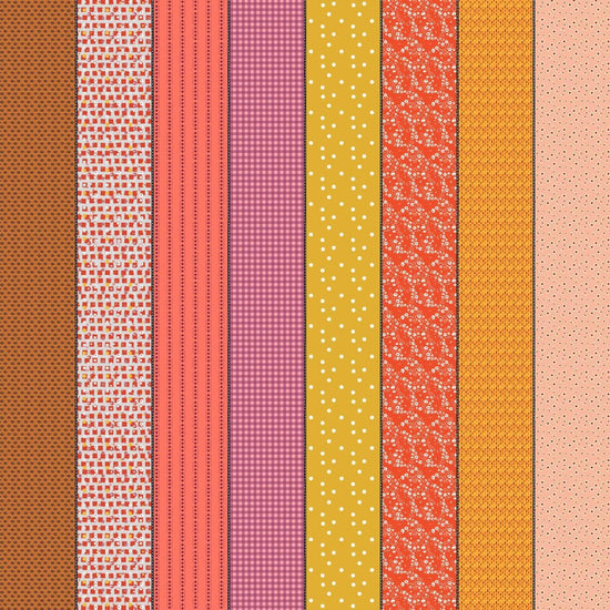 Image of Gathered Lollies One Hazel quilting cotton fabric by Jen Kingwell for Moda Fabrics. Features stripes on a pink background. Cute Little Fabric Shop.