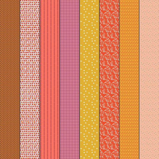 Image of Gathered Lollies One Hazel quilting cotton fabric by Jen Kingwell for Moda Fabrics. Features stripes on a pink background. Cute Little Fabric Shop.