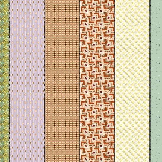 Image of Gathered Lollies Four Trentham quilting cotton fabric by Jen Kingwell for Moda Fabrics. Features stripes on an orange background. Cute Little Fabric Shop.