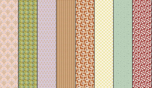 Image of Gathered Lollies Four Trentham quilting cotton fabric by Jen Kingwell for Moda Fabrics. Features stripes on an orange background. Cute Little Fabric Shop.