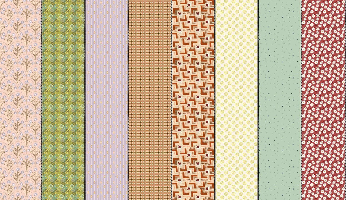 Image of Gathered Lollies Four Trentham quilting cotton fabric by Jen Kingwell for Moda Fabrics. Features stripes on an orange background. Cute Little Fabric Shop.