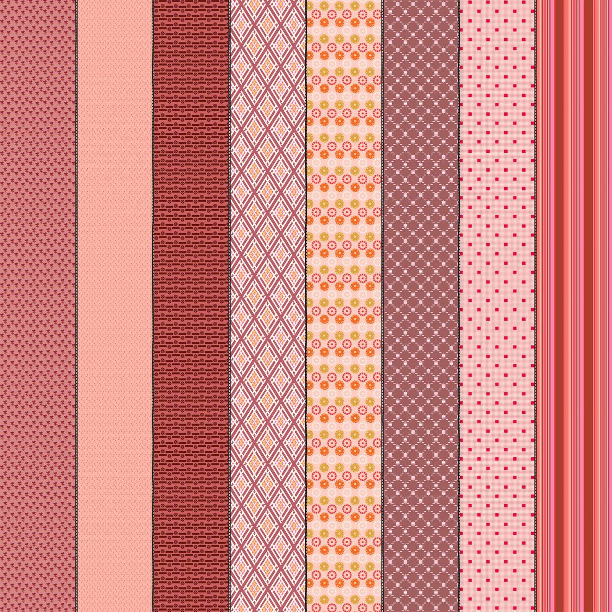 Image of Gathered Lollies Six Hazel Pink quilting cotton fabric by Jen Kingwell for Moda Fabrics. Features stripes on a pink background. Cute Little Fabric Shop.
