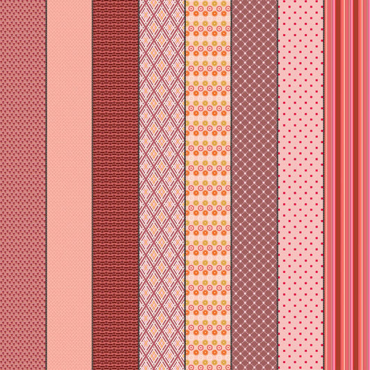 Image of Gathered Lollies Six Hazel Pink quilting cotton fabric by Jen Kingwell for Moda Fabrics. Features stripes on a pink background. Cute Little Fabric Shop.