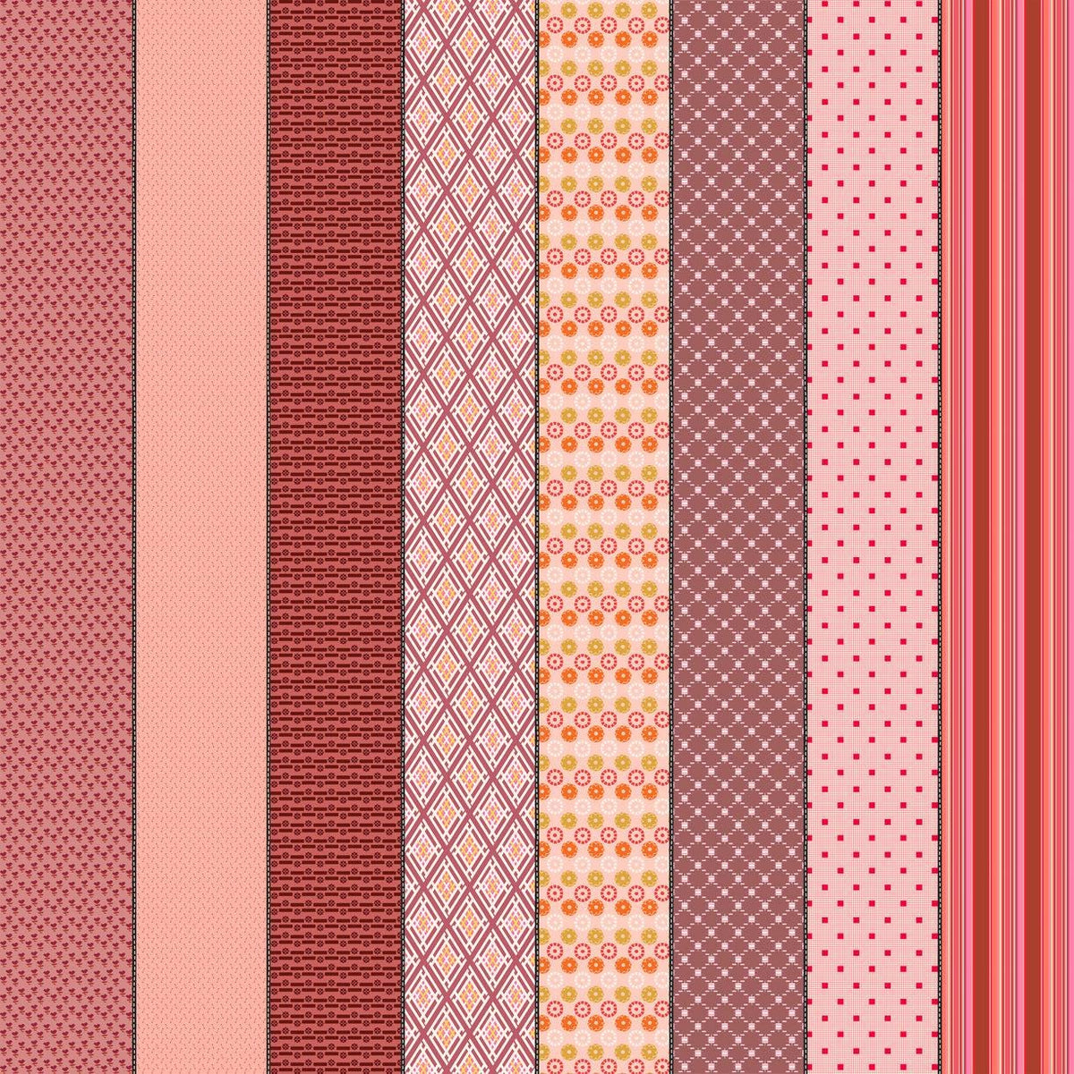 Image of Gathered Lollies Six Hazel Pink quilting cotton fabric by Jen Kingwell for Moda Fabrics. Features stripes on a pink background. Cute Little Fabric Shop.