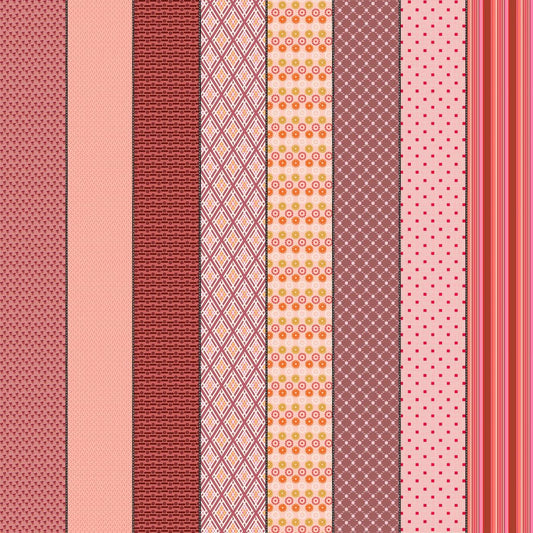 Image of Gathered Lollies Six Hazel Pink quilting cotton fabric by Jen Kingwell for Moda Fabrics. Features stripes on a pink background. Cute Little Fabric Shop.
