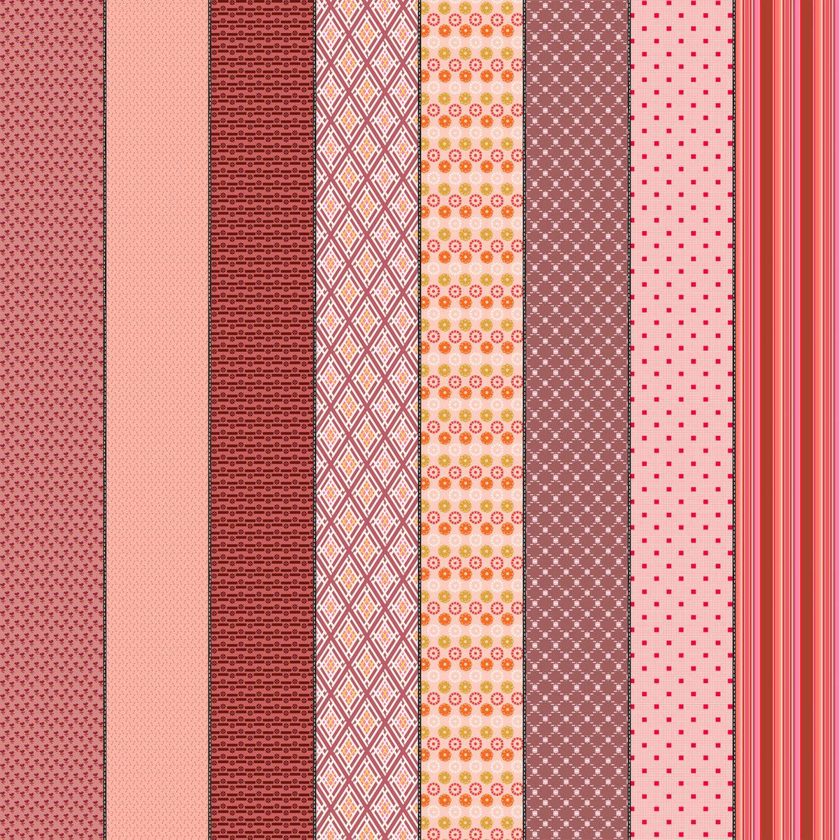 Image of Gathered Lollies Six Hazel Pink quilting cotton fabric by Jen Kingwell for Moda Fabrics. Features stripes on a pink background. Cute Little Fabric Shop.