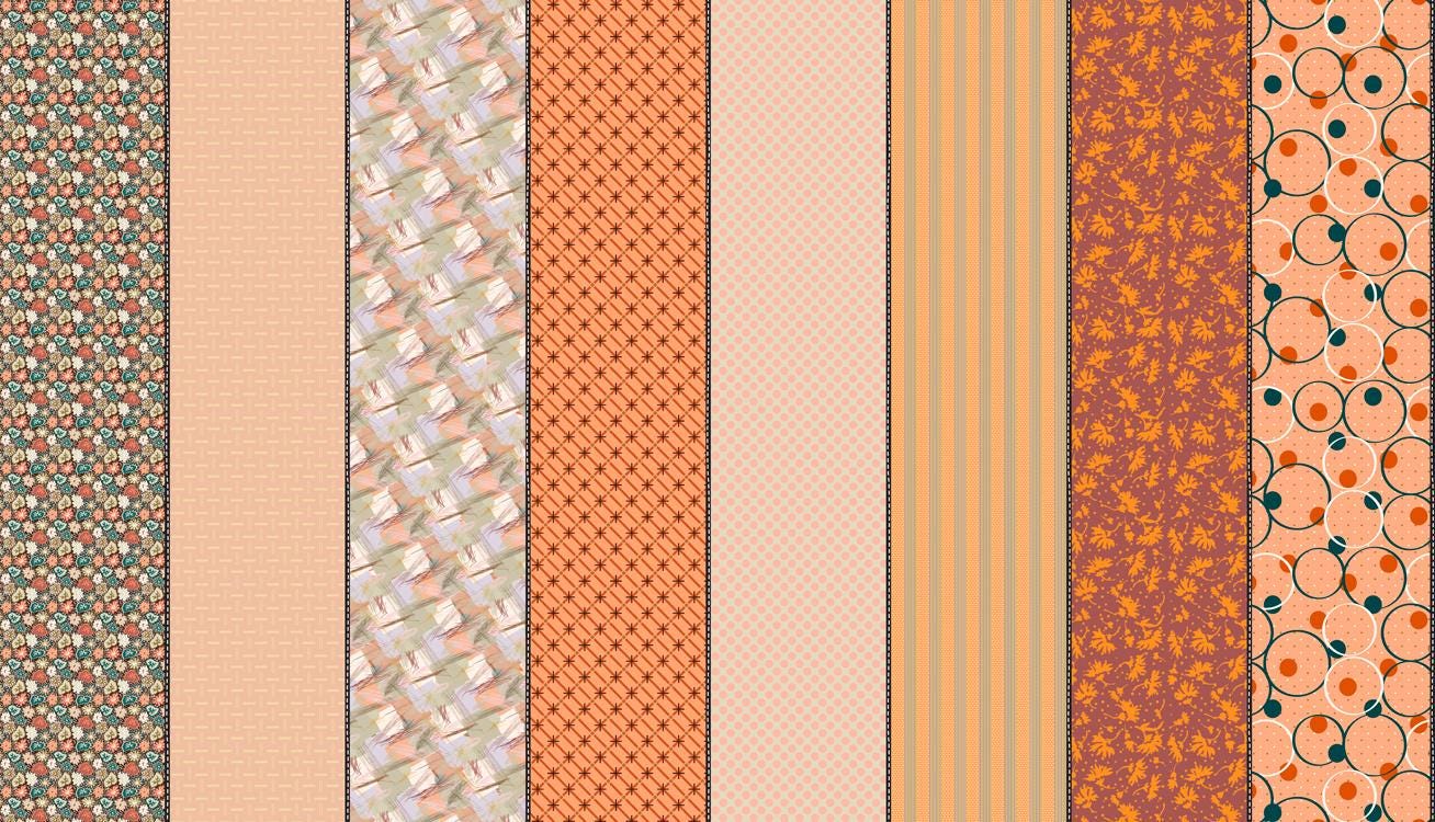 Image of Gathered Lollies Two Trentham quilting cotton fabric by Jen Kingwell for Moda Fabrics. Features stripes on an orange background. Cute Little Fabric Shop.