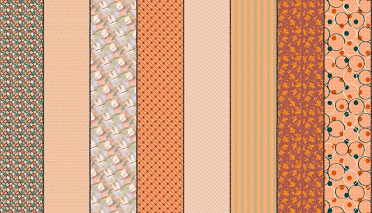 Image of Gathered Lollies Two Trentham quilting cotton fabric by Jen Kingwell for Moda Fabrics. Features stripes on an orange background. Cute Little Fabric Shop.