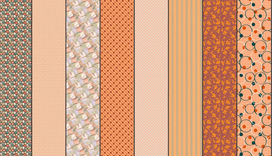 Image of Gathered Lollies Two Trentham quilting cotton fabric by Jen Kingwell for Moda Fabrics. Features stripes on an orange background. Cute Little Fabric Shop.