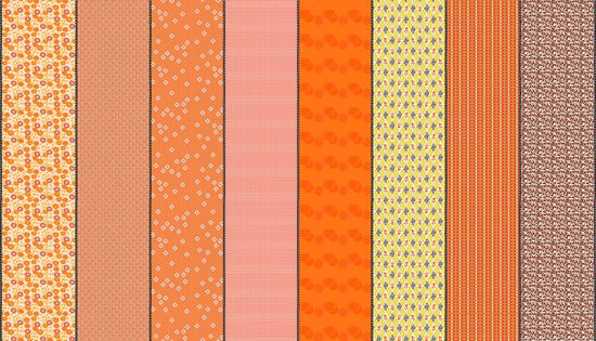 Image of Gathered Lollies Eight Hazel quilting cotton fabric by Jen Kingwell for Moda Fabrics. Features stripes on an orange background. Cute Little Fabric Shop.