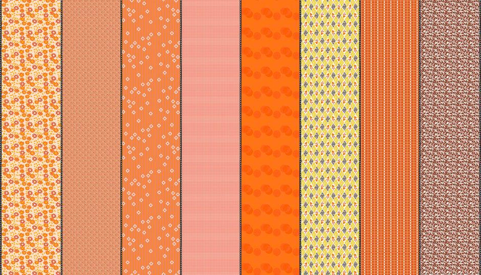 Image of Gathered Lollies Eight Hazel quilting cotton fabric by Jen Kingwell for Moda Fabrics. Features stripes on an orange background. Cute Little Fabric Shop.