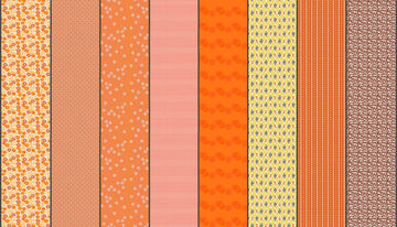 Image of Gathered Lollies Eight Hazel quilting cotton fabric by Jen Kingwell for Moda Fabrics. Features stripes on an orange background. Cute Little Fabric Shop.