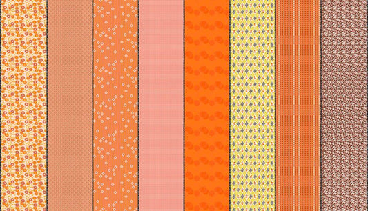 Image of Gathered Lollies Eight Hazel quilting cotton fabric by Jen Kingwell for Moda Fabrics. Features stripes on an orange background. Cute Little Fabric Shop.