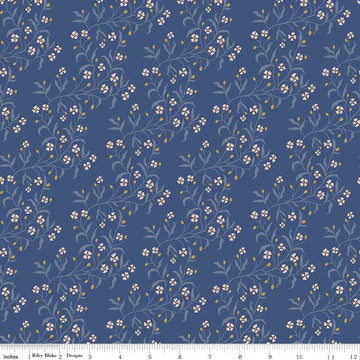 Image of Before the Blooms Astrid Denim quilting cotton fabric by Danelys Sidron for Riley Blake Designs. Features flowers on a blue background. Cute Little Fabric Shop.