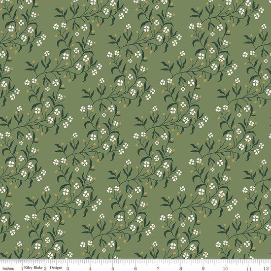 Image of Before the Blooms Astrid Basil quilting cotton fabric by Danelys Sidron for Riley Blake Designs. Features flowers on a green background. Cute Little Fabric Shop.