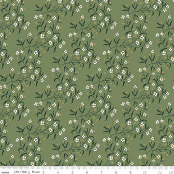 Image of Before the Blooms Astrid Basil quilting cotton fabric by Danelys Sidron for Riley Blake Designs. Features flowers on a green background. Cute Little Fabric Shop.
