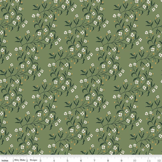 Image of Before the Blooms Astrid Basil quilting cotton fabric by Danelys Sidron for Riley Blake Designs. Features flowers on a green background. Cute Little Fabric Shop.