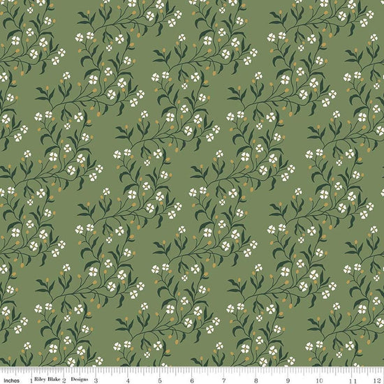 Image of Before the Blooms Astrid Basil quilting cotton fabric by Danelys Sidron for Riley Blake Designs. Features flowers on a green background. Cute Little Fabric Shop.
