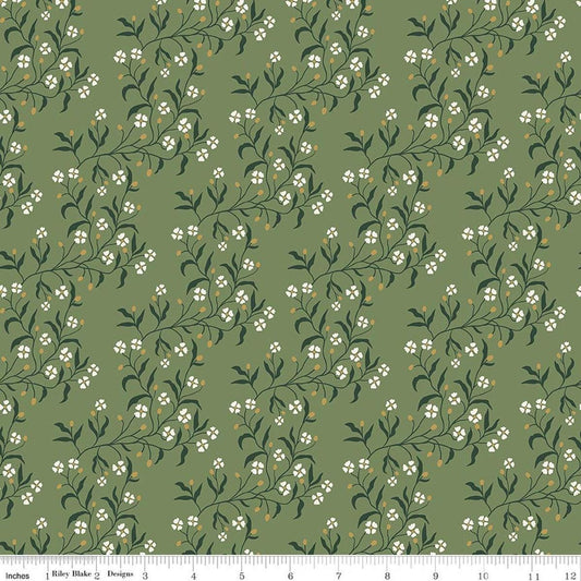 Image of Before the Blooms Astrid Basil quilting cotton fabric by Danelys Sidron for Riley Blake Designs. Features flowers on a green background. Cute Little Fabric Shop.