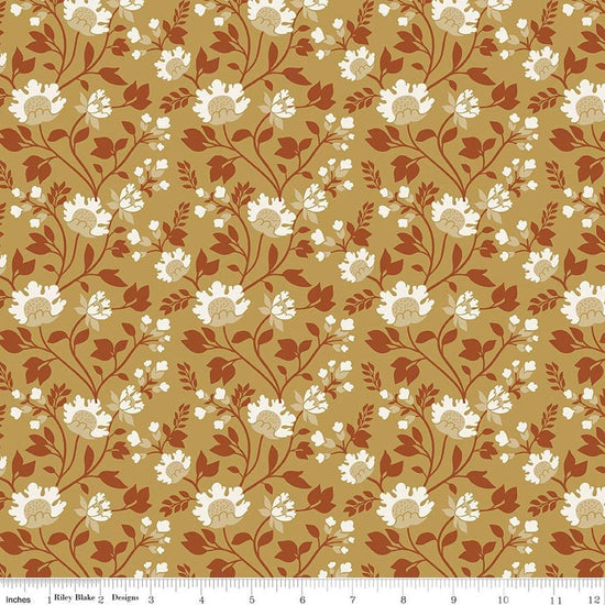 Image of Before the Blooms Florence Gold quilting cotton fabric by Danelys Sidron for Riley Blake Designs. Features flowers on a gold background. Cute Little Fabric Shop.