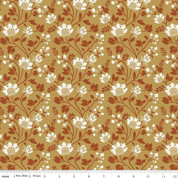 Image of Before the Blooms Florence Gold quilting cotton fabric by Danelys Sidron for Riley Blake Designs. Features flowers on a gold background. Cute Little Fabric Shop.